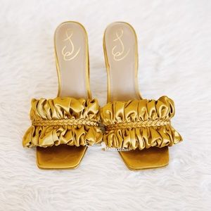 Sam Edelman Kady ruffle mule, NWT, gold satin, size 7.5. Holiday party shoes!